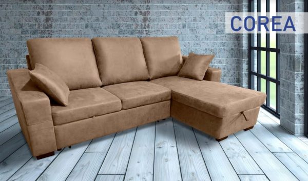 Shaiselongue cama con arcón, respaldos reclinables y 3 taburetes en el brazo: